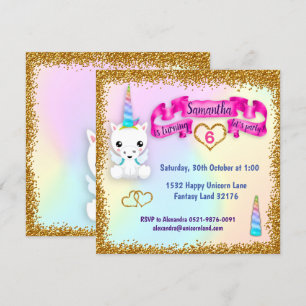 Pastel and Gold Glitter Unicorn Birthday Invitation