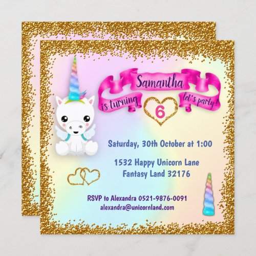 Pastel and Gold Glitter Unicorn Birthday Invitation