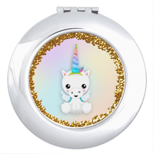 Pastel and Gold Glitter Unicorn Compact Mirror