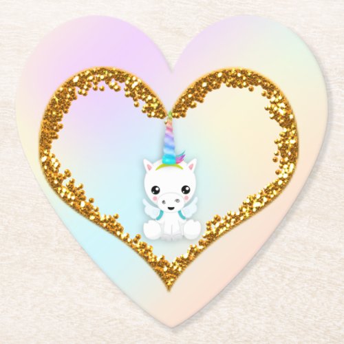Pastel and Gold Glitter Unicorn Heart Paper Coaster