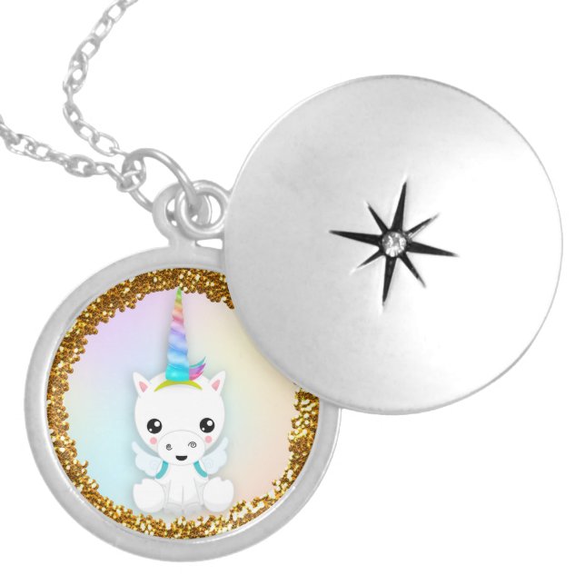 Pastel and Gold Glitter Unicorn Locket Necklace (Front)