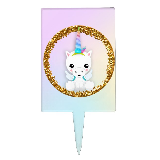 Pastel and Gold Glitter Unicorn Party Cake Topper (Front)