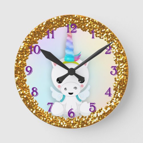 Pastel and Gold Glitter Unicorn Round Clock
