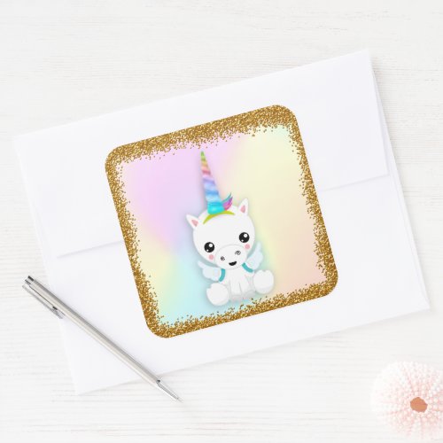 Pastel and Gold Glitter Unicorn Square Sticker