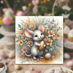 Pastel and Gold Sparkle Mouse and Easter Eggs  Holiday Card