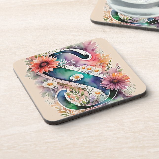 Pastel and Jewel Tone Watercolor Flowers Monogram Beverage Coaster (Left Side)