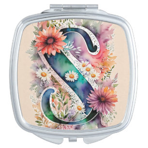 Pastel and Jewel Tone Watercolor Flowers Monogram Compact Mirror
