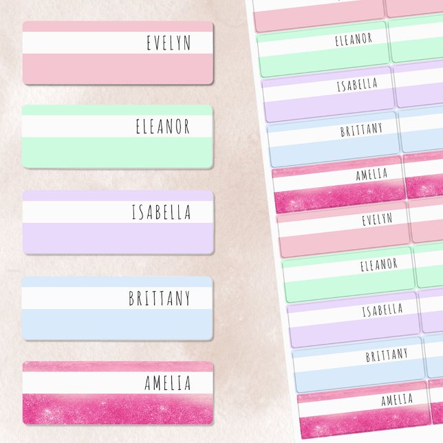 Pastel and Shimmer Skinny Font Waterproof Name Labels (Creator Uploaded)