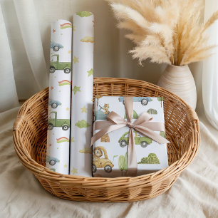 Pastel Animals in Cars Baby Boy Nuetral Wrapping Paper Sheets