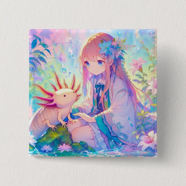 Pastel Anime Girl and an Axolotl Button (Front)