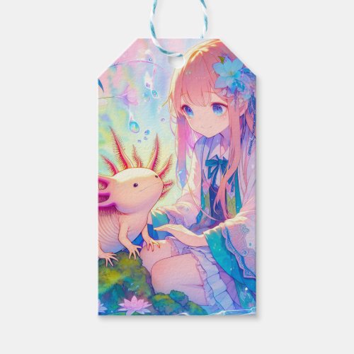 Pastel Anime Girl and an Axolotl Personalized Gift Tags