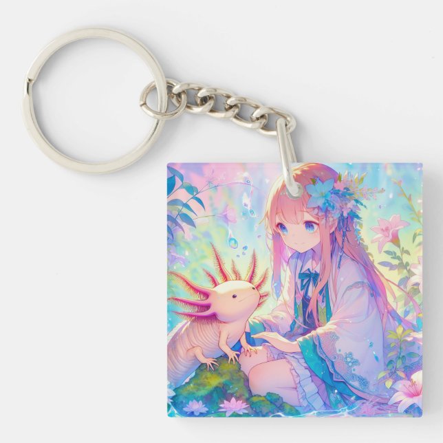 Pastel Anime Girl and an Axolotl Personalized Keychain (Front)