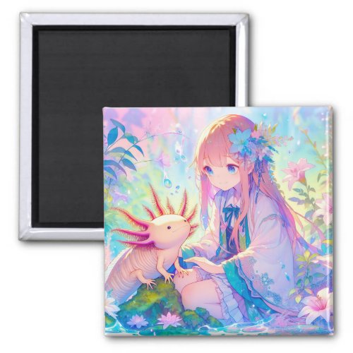 Pastel Anime Girl and an Axolotl Personalized Magnet