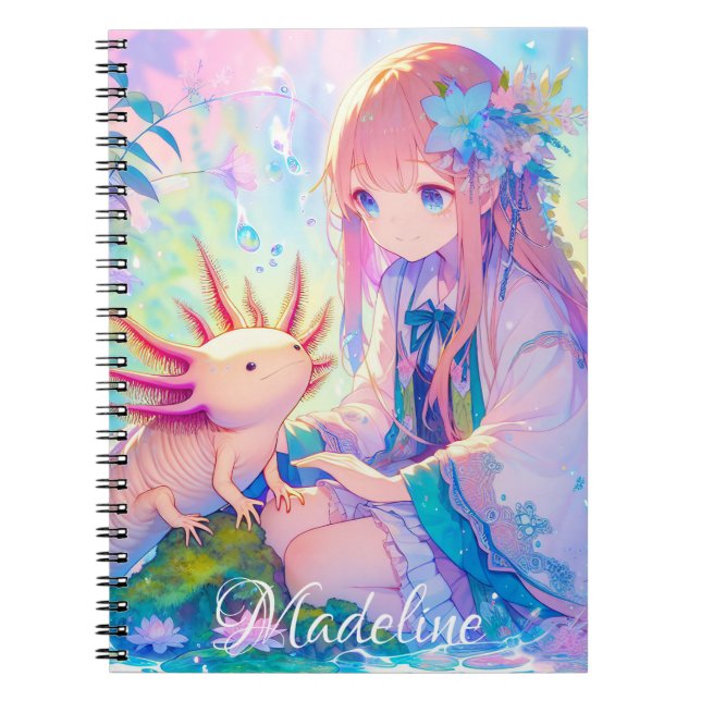 Pastel Anime Girl and an Axolotl Personalized Notebook (Front)