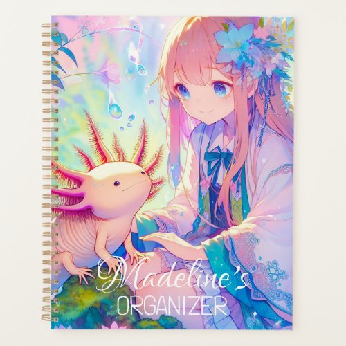 Pastel Anime Girl and an Axolotl Personalized Planner