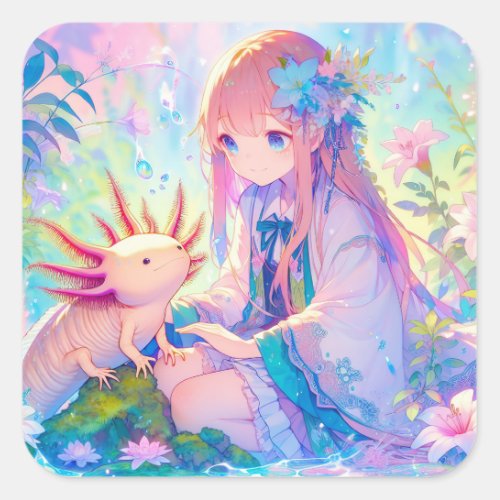 Pastel Anime Girl and an Axolotl Personalized Square Sticker