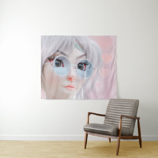 Pastel Anime Girl with Glasses and Hearts Tapestry
