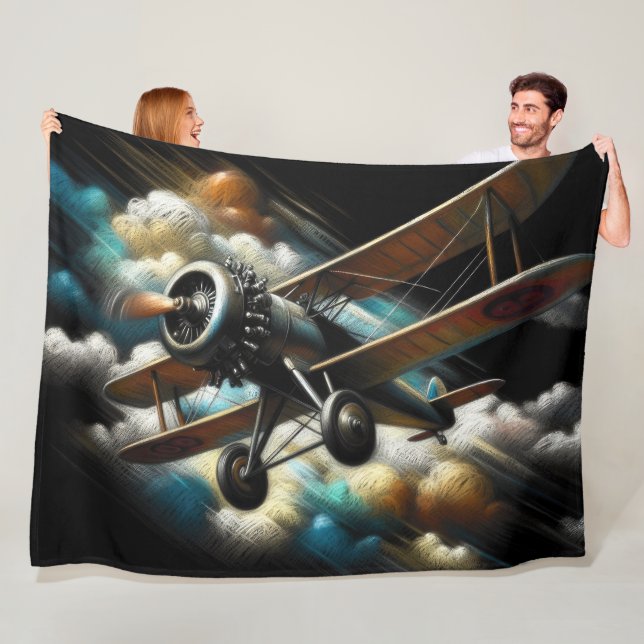  Pastel Antique Biplane Aeroplane Airplane Fleece Blanket (In Situ)
