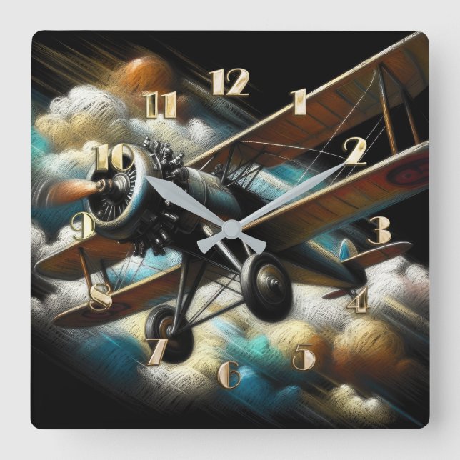  Pastel Antique Biplane Aeroplane Airplane Square Wall Clock (Front)