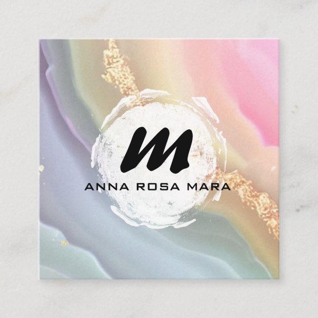 *~* Pastel AP66 Gold Glitter Rainbow Agate QR Square Business Card (Front)