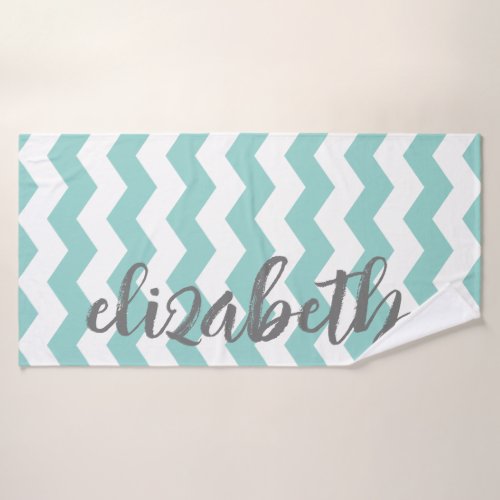 Pastel Aqua and Gray Chevron Huge Script Name Bath Towel