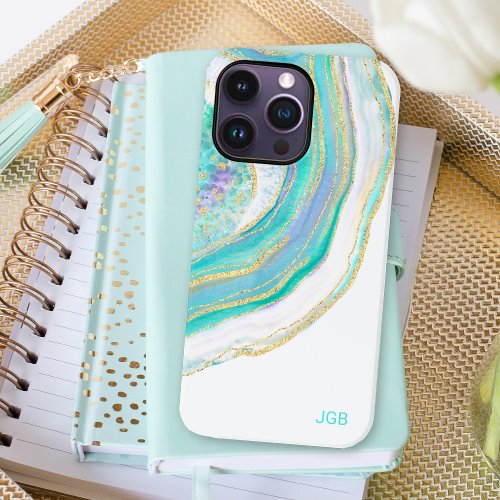 Pastel Aqua and Purple Agate with Monogram Case_Mate iPhone 14 Pro Max Case