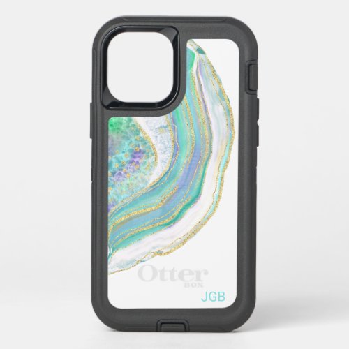 Pastel Aqua and Purple Agate with Monogram OtterBox Defender iPhone 12 Case