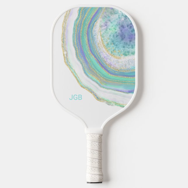Pastel Aqua and Purple Agate with Monogram Pickleball Paddle (Front)