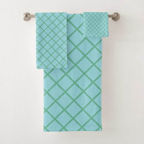 Pastel Aqua Blue and Green Diagonal Grid Pattern Bath Towel Set