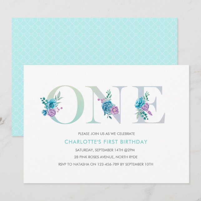 Pastel Aqua blue first Birthday Invitation (Front/Back)