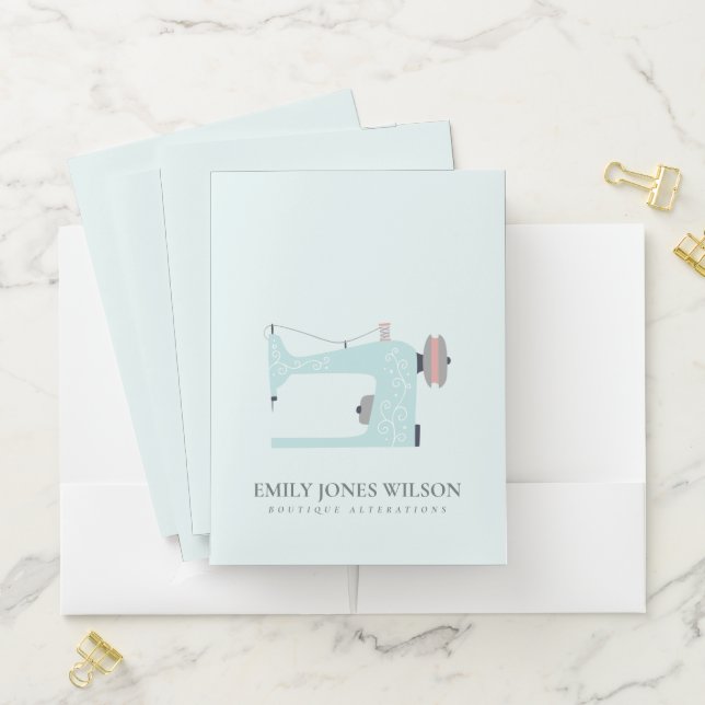 PASTEL AQUA BLUE PEACH PINK SEWING MACHINE TAILOR POCKET FOLDER (In Situ)