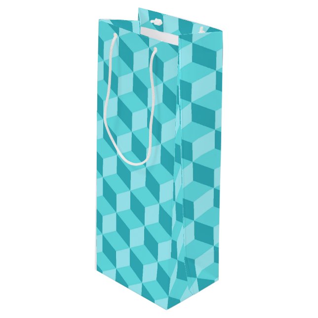 PASTEL AQUA GEOMETRIC CUBE PATTERNS WINE GIFT BAG (Front Angled)