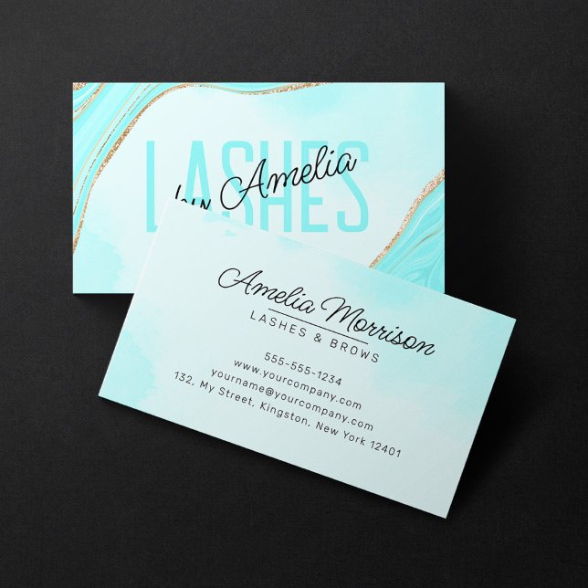 Pastel Aqua Gold Glitter Agate Eye Lashes Brows Business Card (Creator Uploaded)