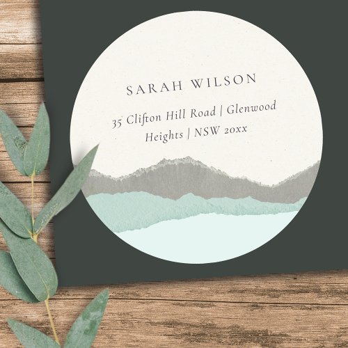 Pastel Aqua Grey Kraft Mountain Wave Address Classic Round Sticker