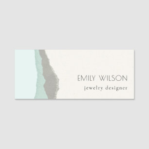 Pastel Aqua Grey Kraft Mountain Wave Torn Edge Name Tag