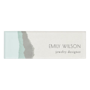 Pastel Aqua Grey Kraft Mountain Wave Torn Edge Name Tag