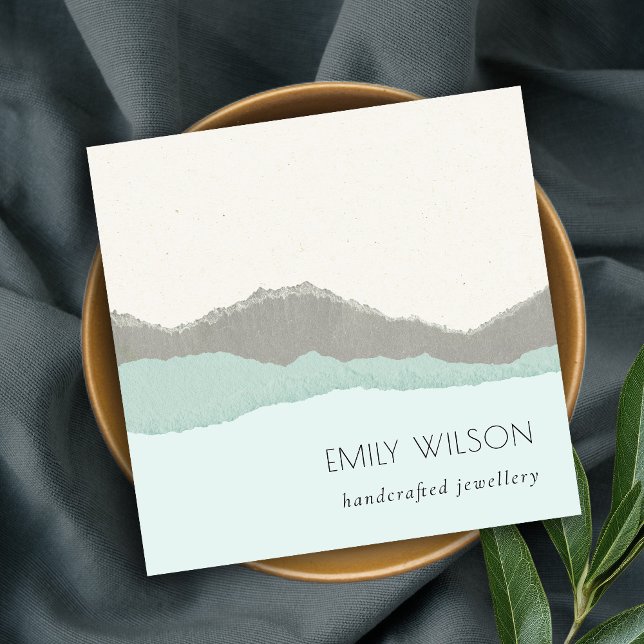 Pastel Aqua Grey Kraft Mountain Wave Torn Edge Square Business Card (Creator Uploaded)