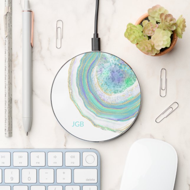 Pastel Aqua Purple and Gold Agate with Monogram Wireless Charger (Desk)