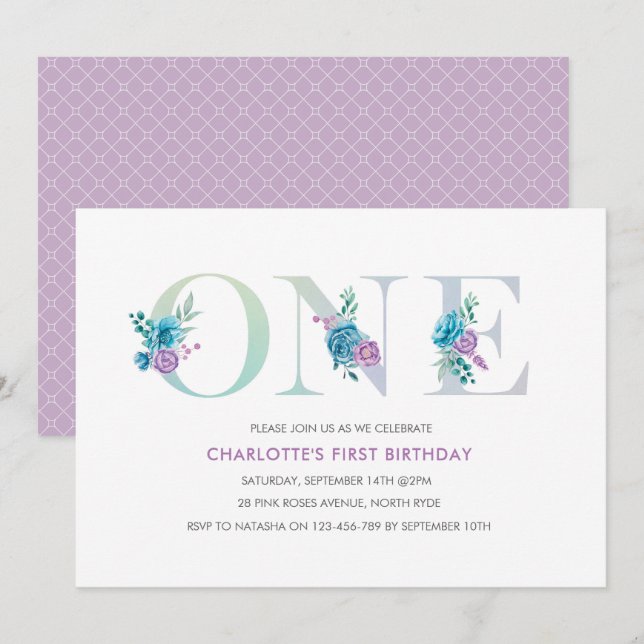 Pastel Aqua Purple first Birthday Invitation (Front/Back)