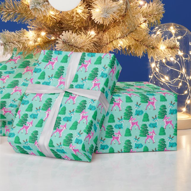 Pastel Aqua Vintage Retro Christmas Reindeer Wrapping Paper (Holidays)