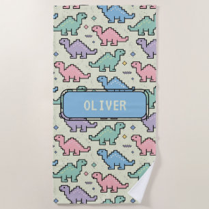 Pastel Arcade Dinosaur Pixel Silhouettes Pattern Beach Towel