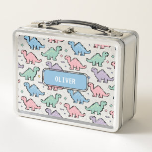 Pastel Arcade Dinosaur Pixel Silhouettes Pattern Metal Lunch Box