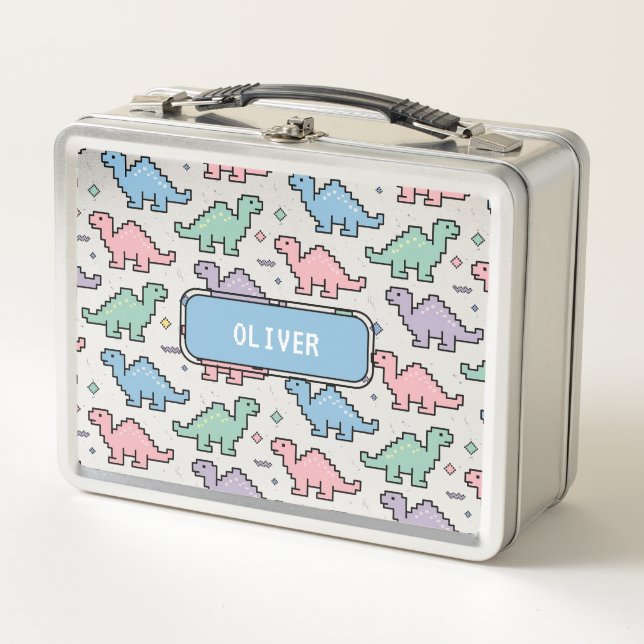 Pastel Arcade Dinosaur Pixel Silhouettes Pattern Metal Lunch Box (Front)