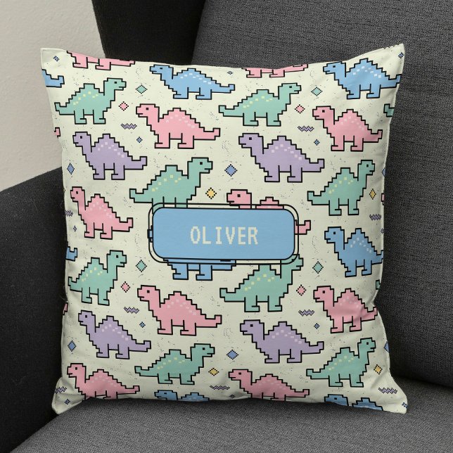 Pastel Arcade Dinosaur Pixel Silhouettes Pattern Throw Pillow (Creator Uploaded)