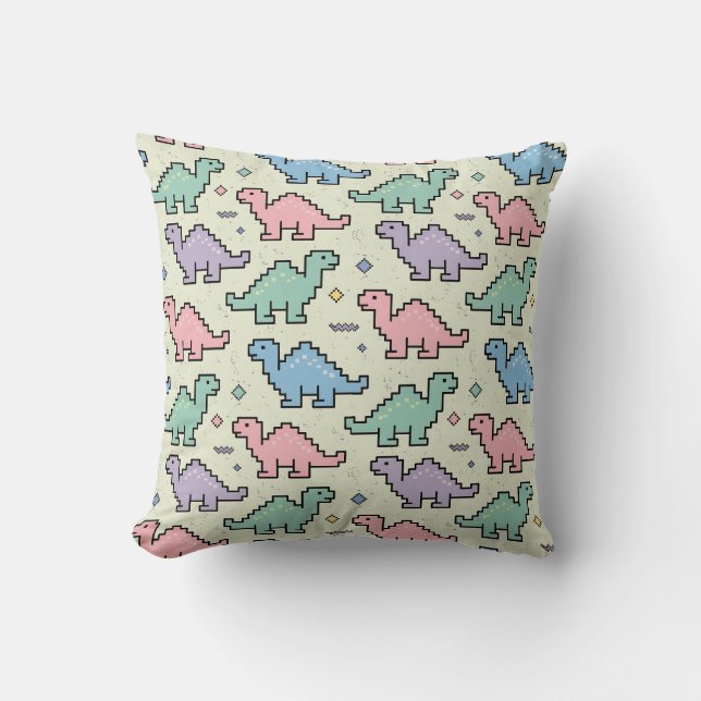 Pastel Arcade Dinosaur Pixel Silhouettes Pattern Throw Pillow (Front)