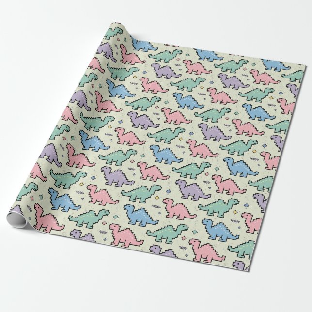 Pastel Arcade Dinosaur Pixel Silhouettes Pattern Wrapping Paper (Unrolled)