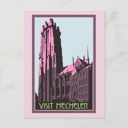 Pastel art deco visit Mechelen Belgium travel ad Postcard