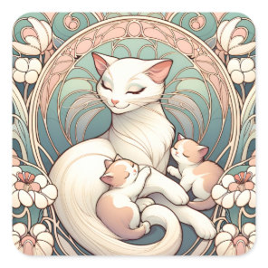 Pastel Art Nouveau Mother Cat and Kittens Square Sticker