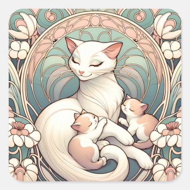 Pastel Art Nouveau Mother Cat and Kittens Square Sticker (Front)