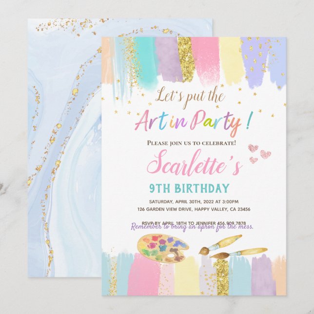 Pastel Art Painting Party Girl Birthday Invitation (Front/Back)
